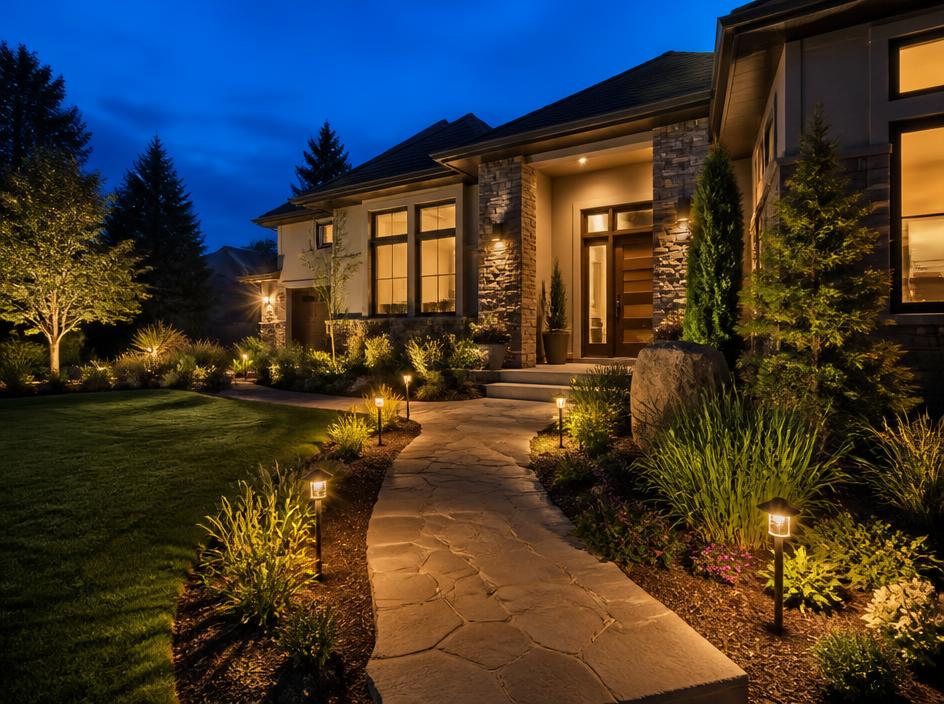 Landscape path lighting along a stone garden walkway at dusk