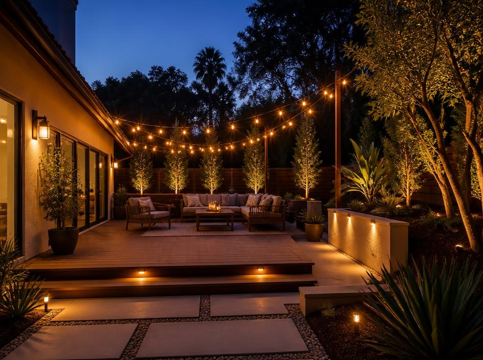 Backyard patio with string lights and accent lighting