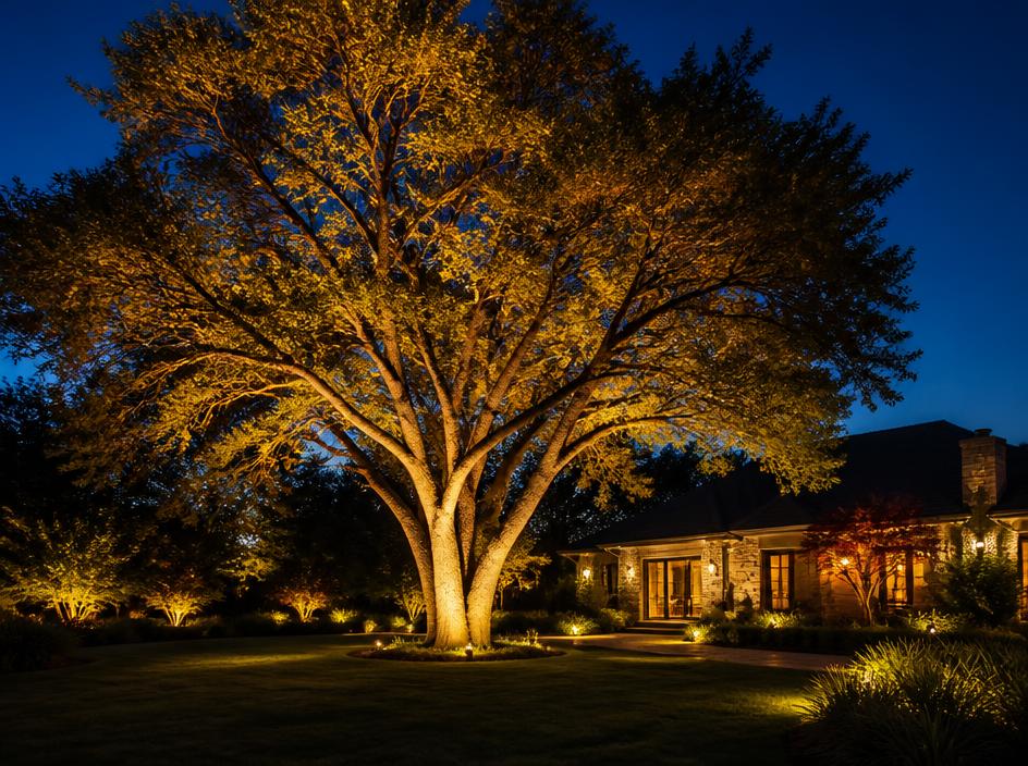 Tree uplighting in a residential backyard