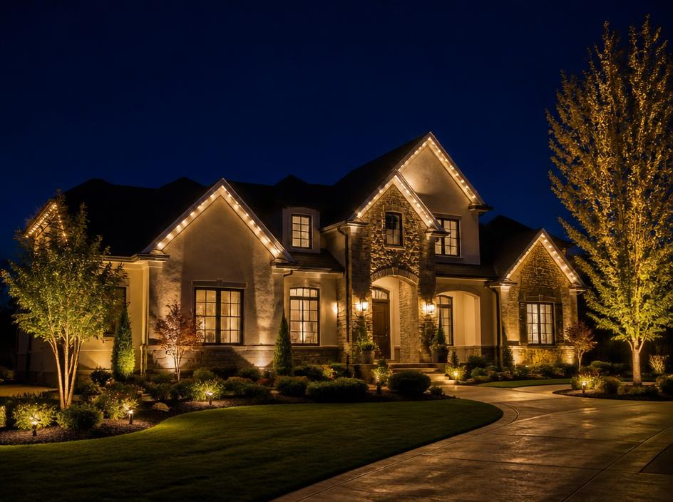 Home exterior with combined roofline and landscape lighting