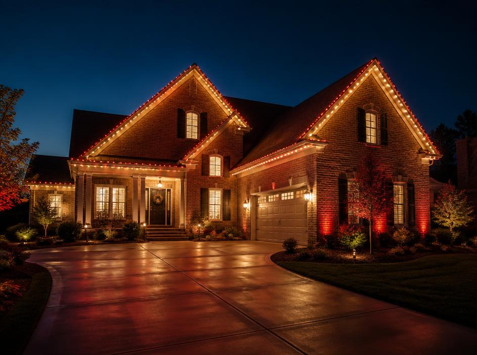 Color-changing permanent lighting along roof peaks for the holidays