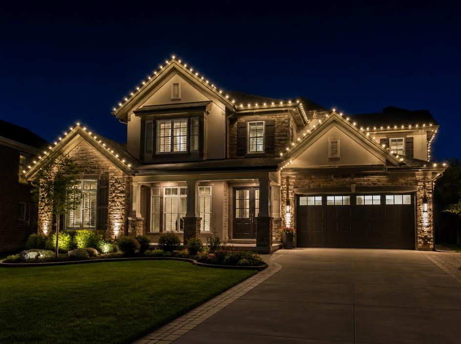 Permanent warm-white roofline lighting on a two-story home at night